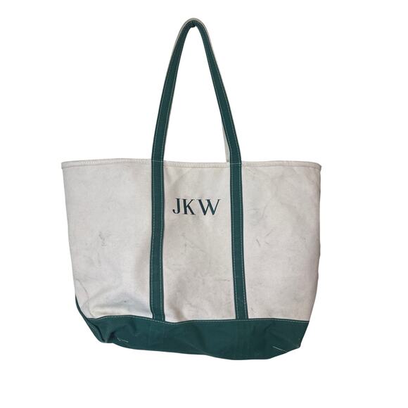 L.L.Bean Boat and Tote bag with green trim and the embroidered initials "JKW" - Picture 1 of 7